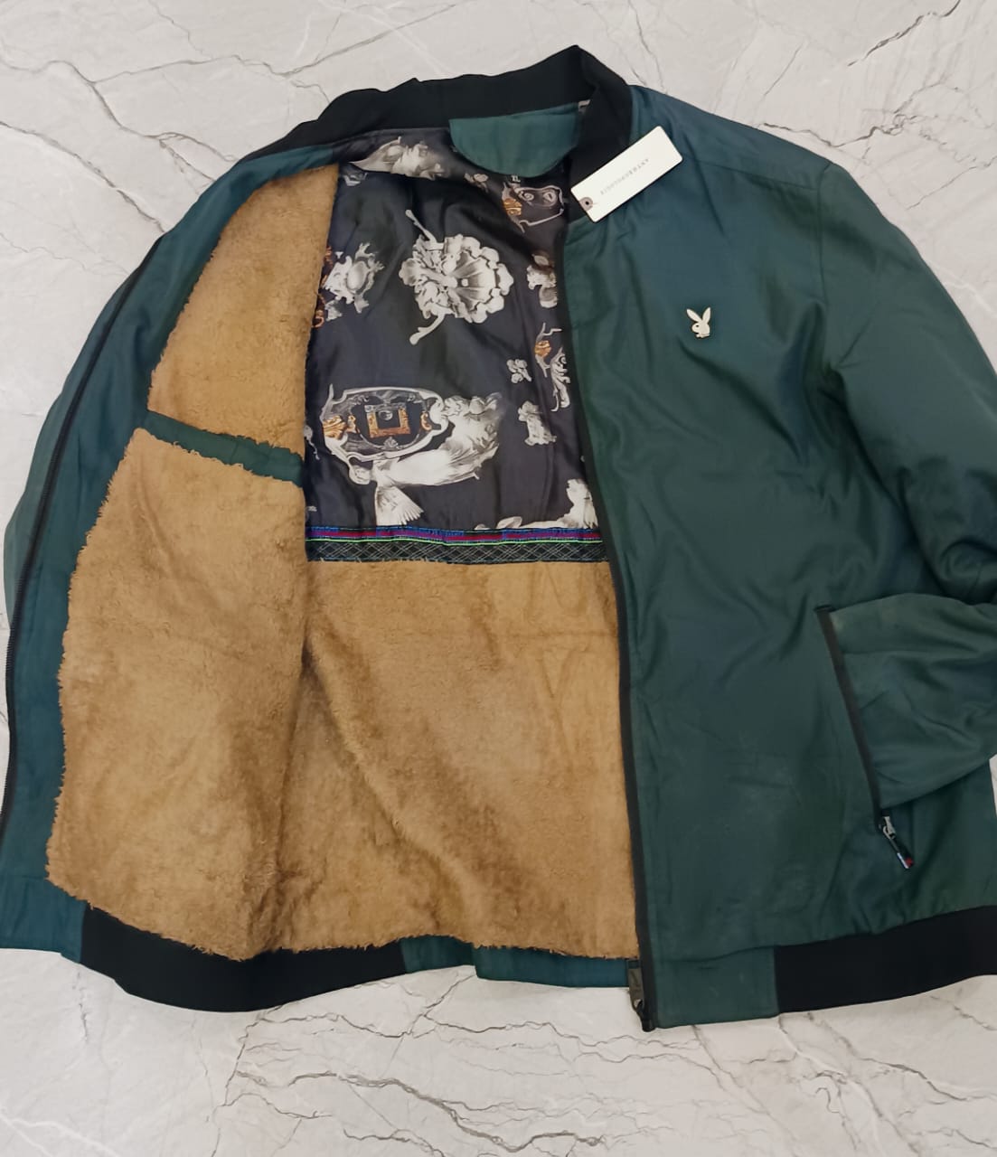 Men’s Dark Green Bomber Jacket with Warm Fur Lining - Image 3