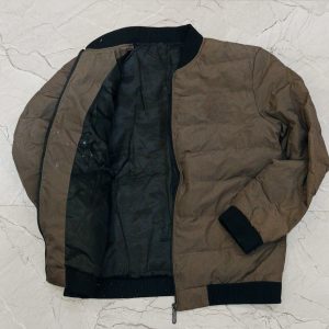 Brown Quilted Bomber Jacket with Black Ribbed Trim