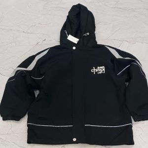 Black Hooded Winter Jacket with Printed Inner Lining