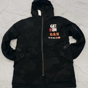 Black Hooded Graphic Puffer Jacket