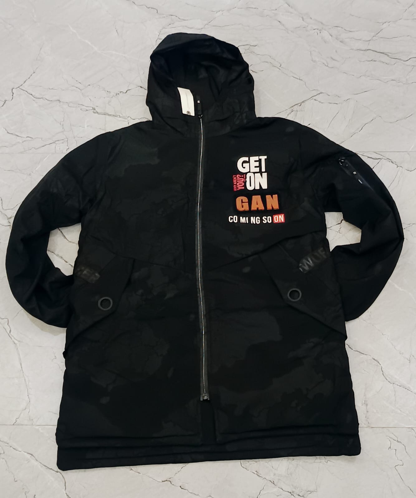 Black Hooded Graphic Puffer Jacket