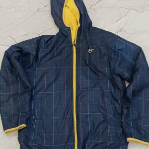Navy Blue Checkered Hooded Jacket with Yellow Lining